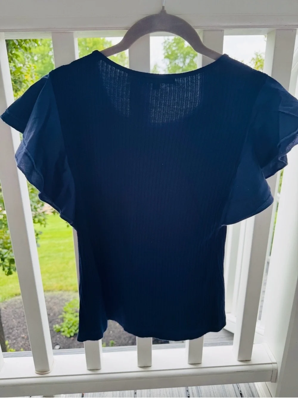 NWT Red Haute Navy Ribbed Short Sleeve Double Ruffle Top, XS